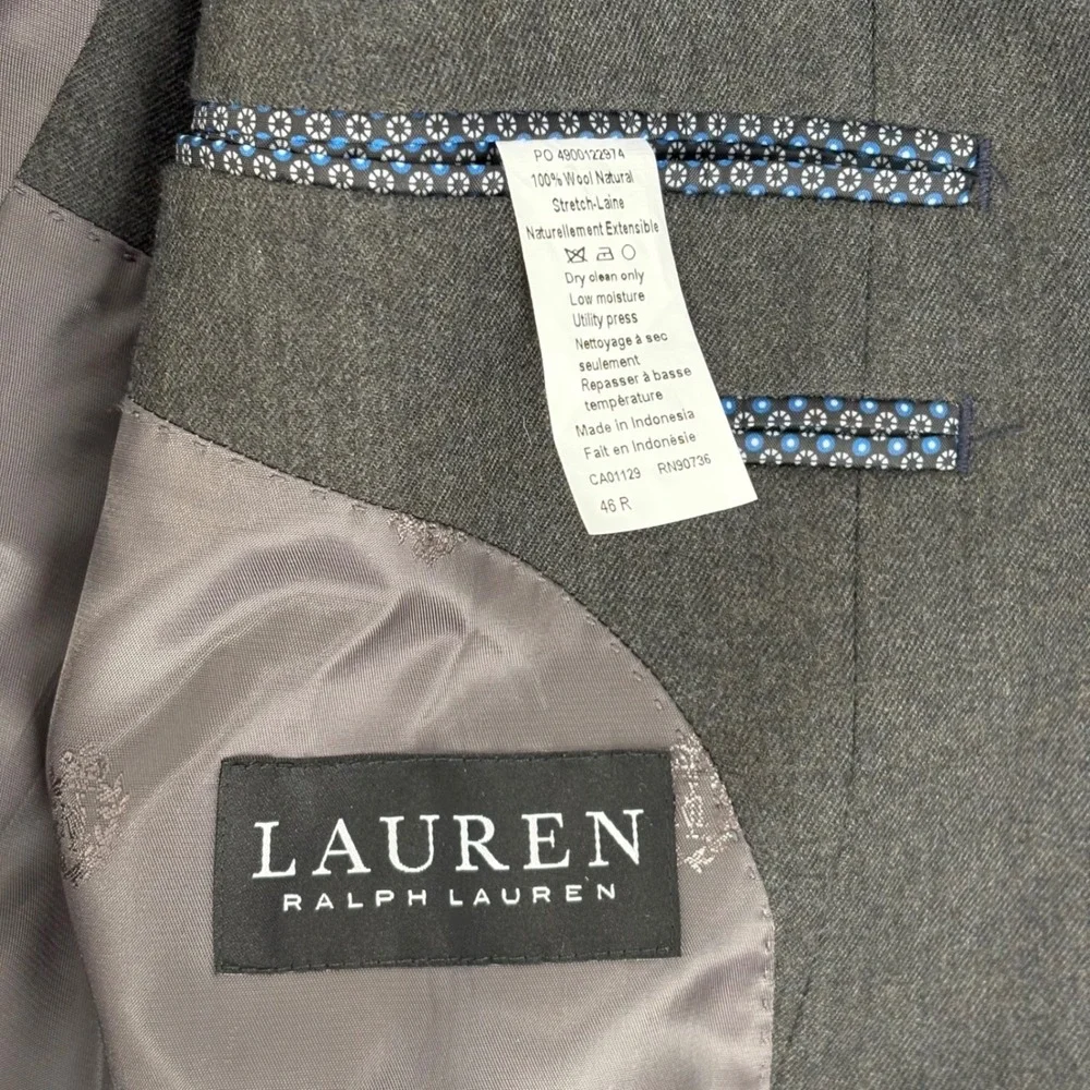 Lauren Ralph Lauren Suit Mens 46R Charcoal Gray 100% Wool Ultraflex Classic Fit